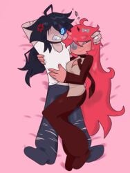 1boy 1girls angry bed blue_eyes breasts cleavage clothed fundamental_paper_education hugging laying_down long_hair m_meow machine_girl_(kaaatie) miller_(kaaatie) pink_hair ripped_clothing sharp_teeth shorter_female smirk taller_male vivian_(kaaatie)