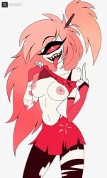 1_eye armwear bottomwear bra_lift breasts cherri_bomb_(hazbin_hotel) clothing demon eyebrows female flipping_viewer_off freckles gesture hair hand_gesture hazbin_hotel hi_res middle_finger nipples red_eyes sharp_teeth skirt solo teeth tongue tongue_out vantevartz