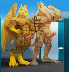 1boy 3_toes 4_toes abs animal_genitalia anthro avian balls barefoot beak belly biceps big_biceps big_penis bird bottomless brown_eyes claws clothed clothing erection flexing full-length_portrait full_length fur hand_on_penis hi_res humanoid_penis justmegabenewell male male_only manly markings mature_male muscular muscular_male nipples nude open_mouth partially_retracted_foreskin pecs penis portrait pose side_view simple_background size_difference smile solo standing symbol teeth tephros toes tongue topless uncut vein veiny_penis white_eyes wings