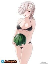 brawl_stars breasts colette_(brawl_stars) orexovayapasta_(artist) red_eyes swimsuit watermelon white_hair