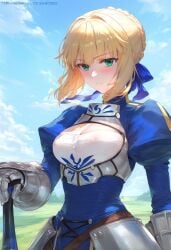 1girls ai_generated armor artoria_pendragon big_ass big_breasts big_butt big_thighs blonde_hair blush dress fate/grand_order fate_(series) female green_eyes huge_ass huge_breasts huge_butt huge_thighs saber short_hair sword wanuze wide_hips