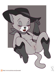 anthro blush breasts closed_eyes clothed clothing felid feline felis female footwear fur furry furry_only grey_fur handwear hat headgear headwear inverted_nipples joe_randel mammal nipples partially_clothed pose pussy solo spread_legs spreading tail tara_(tom_and_jerry) tom_and_jerry toodles_galore topwear