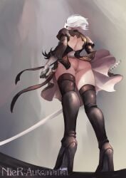 ass ass_focus backless_outfit black_thighhighs blindfold boots breasts female from_behind from_below hairband high_heel_boots high_heels highres johnson_zhuang leotard nier:_automata nier_(series) panties rear_view short_hair skirt solo thigh_boots thighhighs thighs underwear viewed_from_below white_hair yorha_2b