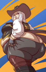 1girls angry ashe_(overwatch) ass ass_focus axel-rosered black_pants blizzard_entertainment boots butt butt_crack butt_focus button_down_shirt chubby clenched_teeth cowboy_hat cowgirl double_chin fat fat_ass fat_face fat_fetish fingerless_gloves gigantic_ass huge_belly huge_breasts ill-fitting_clothes mature_female medium_hair obese overwatch red_eyes red_lipstick skull struggling_to_fit tattoo tight_clothing weight_gain white_hair white_shirt
