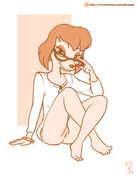 4_toes an_extremely_goofy_movie anthro ass bottomless brown_hair canine clothed clothing disney eyewear female glasses goof_troop hair half-closed_eyes joe_randel looking_at_viewer mammal no_underwear orange_hair partially_clothed patreon pussy signature simple_background sitting smile solo sylvia_marpole toes white_background