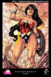 1girls amazon black_hair blue_eyes blue_panties breasts dc dc_comics diabolumberto lasso_of_truth leotard long_hair medium_breasts scar shield sword thick_lips thighs torn_clothes torn_clothing white_stars wonder_woman wonder_woman_(series)