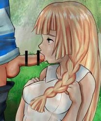 1boy 1girls animated blonde_hair censored dress fellatio female green_eyes human licking lillie_(pokemon) nintendo no_sound penis pokemon pokemon_sm satoshi_(pokemon) small_breasts testicles tongue video