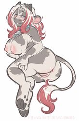 anthro anus areola ass big_breasts blush bovine breasts cattle collar female half-closed_eyes horn huge_breasts looking_at_viewer lying mammal nipples nude on_side pussy ryunwoofie simple_background slightly_chubby smile solo thick_thighs white_background