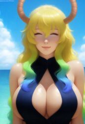 1girls ai_generated bangs beach big_breasts blonde_hair breasts cleavage cleavage_cutout closed_eyes horns huge_breasts kobayashi-san_chi_no_maidragon lucoa lucoa_(maidragon) nai_diffusion outdoors overflowing_breasts pujopg quetzalcoatl_(dragon_maid) rainbow_hair realistic revealing_clothes sideboob sidelocks smile solo solo_female swimsuit