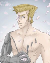 1adult adult_only alexblacklight alexblacklight_(artist) battle_tendency blonde_hair blue_eyes cybernetic cybernetic_arm cybernetic_eye cybernetic_limb cybernetics cyborg cyborg_male cyborg_man digital_art flowers human_artist jojo's_bizarre_adventure male_focus male_only muscular muscular_male no_ai petals rudolph_von_stroheim solo solo_focus solo_male