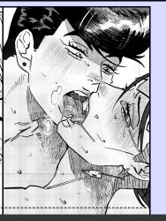 2boys diamond_is_unbreakable enaga_joro gay implied_sex jojo&#039;s_bizarre_adventure josuke_higashikata kissing male male/male male_only offscreen_sex open_mouth rohan_kishibe saliva tongue tongue_kiss yaoi