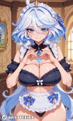 ai_generated bangs bangs_over_one_eye big_breasts big_breasts black_panties blue_eyes blue_hair breasts breasts curvy_figure female female female_only furina_(genshin_impact) genshin_impact heart heart_symbol huge_boobs huge_breasts illyfurina long_hair looking_at_viewer maid maid_dress maid_headdress maid_outfit pale-skinned_female pale_skin seductive seductive_body seductive_eyes seductive_look seductive_mouth seductive_pose seductive_smile smile smiling smiling_at_viewer squeezing_breasts stable_diffusion thighs waist white_hair woman_only