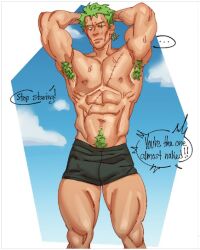 1adult 1male 1man aliendoodles artist_name artist_signature artist_tag bara english_text green_hair hairy_armpits human_artist male_only muscular muscular_male no_ai one_piece roronoa_zoro scar_on_face scars underwear underwear_only