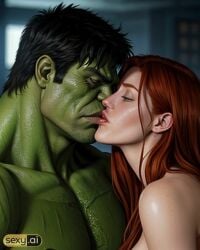 1boy1girl ai_generated ass big_ass big_breasts big_butt breasts hulk hulk_(series) human kissing kissing light-skinned_female light-skinned_male light_skin marvel marvel_comics mary_jane_watson nude nude_female red_hair straight straight_hair superhero tight_clothes tight_clothing wide_hips