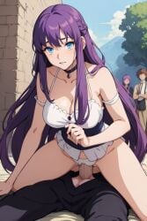 ai_generated blue_eyes clothed clothed_sex clothing faceless_male long_hair original original_character outdoor_sex outdoors penetration penis public public_sex purple_hair pussy unzipped_pants vagina vaginal_penetration vaginal_sex