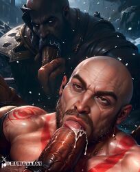 ai_generated aimuscles bald bald_man bara beard blowjob blowjob_face cum_in_mouth cum_on_face cum_swallow cumming cumming_in_mouth facial_hair fat_penis gay_sex god god_of_war huge_cock kratos large_penis looking_at_partner male/male male_only massive_penis muscular muscular_arms muscular_male nature nature_background oral oral_penetration oral_sex outdoor_nudity outdoor_sex outdoors public public_indecency public_sex selfcest snow snowy_background sucking_penis swallowing warrior yaoi