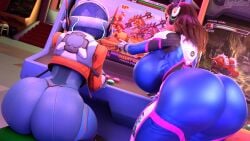 2girls 3d arcade arcade_machine asian asian_female ass ass_focus big big_ass big_breasts big_butt blizzard_entertainment breasts brown_hair brown_hair_female brunette brunette_hair butt butt_focus d.va from_behind from_behind_position hana_song helping juno_(overwatch) korean korean_female multiple_females multiple_girls overwatch overwatch_2 scrag_d.va unski113d video_game_character video_games