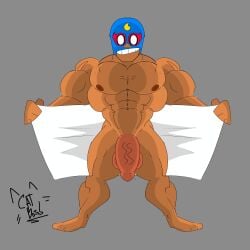 balls bara brawl_stars dark-skinned_male dark_skin el_primo_(brawl_stars) flaccid gay looking_at_viewer male male_only mask muscular muscular_male nipples nude nude_male penis simple_background solo solo_male standing towel veiny_penis