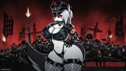 2024 anthro armor big_breasts black_clothing black_collar black_panties black_topwear black_underwear breasts canid canid_demon canine cleavage clothed clothing collar cross crowd crucifixion demon female female_focus fishnet_clothing fishnet_legwear fishnet_thigh_highs gas_mask german_text grey_hair group gun hair hands_on_hips headgear hellhound helluva_boss helmet hi_res holding_object holding_weapon iron_cross legband legwear looking_at_viewer loona_(helluva_boss) male mammal mask mythological_canine mythological_creature mythology nazi panties ranged_weapon red_sclera rifle ruins sharp_teeth shooting solo_focus spiked_armwear spiked_collar spiked_legband spiked_thighband spikes tail teeth text thick_thighs thigh_highs thighband topwear translated underwear weapon wearing_hat wearing_mask white_eyes wide_hips zombieray10