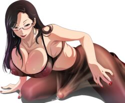 1futa black_hair bra breasts brown_eyes cleavage decensored earrings erection erection_under_pantyhose fingernails futa_only futanari glasses hair highres intersex jewelry large_breasts lipstick long_hair makeup nail_polish original pantyhose penis precum red_nails smile solo testicles uncensored underwear upside-down_(artist) white_background