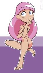 2019 breasts cartoon_network coffeelot cute dexter's_laboratory feet female female_focus female_only japanese_teacher long_eyelashes long_hair nipples pink_hair purple_background purple_eyes whiskers white_background