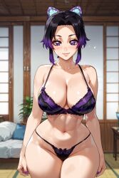 1girls ai_generated blush demon_slayer female female_only huge_breasts indoors kimetsu_no_yaiba kiraaiart kochou_shinobu large_breasts lingerie looking_at_viewer mommy purple_eyes purple_hair solo standing