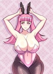 1girls alternate_costume arms_up bare_shoulders big_breasts breasts bunny_ears bunny_girl bunnysuit fire_emblem fire_emblem:_three_houses hilda_valentine_goneril karfound large_breasts nintendo pink_hair thick thigh_gap twintails