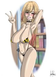 arms_behind_head big_breasts bikini blonde_hair dilane93 kitagawa_marin marin_kitagawa micro_bikini peace_sign side_view sideboob sono_bisque_doll_wa_koi_wo_suru string_bikini string_panties thick thick_thighs