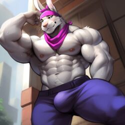 ai_generated bara brutal_paws_of_fury bulge frosting.ai furry kung-fu_bunny male_only muscular muscular_male rabbit sugar1989 sweat