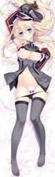 bed_sheet bismarck_(kantai_collection) black_panties blonde_hair blue_eyes breasts carnelian censored dakimakura detached_sleeves female grey_legwear hat heart heart_censor highres kantai_collection large_breasts long_hair novelty_censor open_clothes open_shirt panties panty_pull peaked_cap sample shirt shirt_pull tagme thighhighs underwear