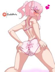 1girls ass back back_view behind_view butt cameltoe doki_doki_literature_club english_text female_focus hands_on_ass hands_on_butt hands_on_own_ass hands_on_own_butt heart hearts natsuki_(doki_doki_literature_club) panties pink_eyes pink_hair pink_panties text text_on_clothing text_on_panties zeddarts