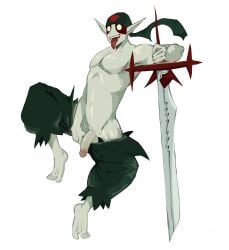 balls bara dofus flaccid katar_(wakfu) male male_only penis pigeonpantonium sacrier shirtless solo solo_male sword tongue_out wakfu