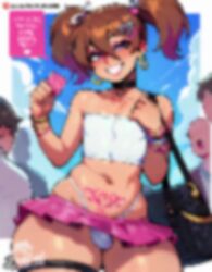 1femboy ai_generated androgynous bag blush bracelet brown_hair bulge bulge_through_clothing choker condom condom_wrapper crop_top crossdressing cute_male day earrings english english_text eyeshadow femboy femboy_only feminine feminine_body feminine_male feminine_pose feminization girly hair_between_eyes hair_ornament hairclip heart holding_condom lipstick looking_at_viewer makeup male male_only microskirt mrsadbat navel otoko_no_ko outdoors panties pink_eyes pleated_skirt pubic_tattoo public sissy skindentation skirt sky smile speech_bubble strapless sweat tagme tattoo teeth text text_bubble thick_thighs thigh_strap tophat_turtle trap tubetop twintails underwear video voice_acted