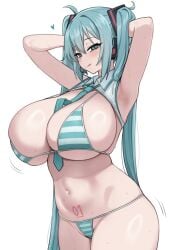 armpits arms_behind_head aroused aroused_face blush collared_bikini half-closed_eyes hatsune_miku heart huge_breasts licking_lips meme_attire nago_purin necktie_between_breasts pubic_tattoo shaking sweaty vocaloid