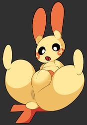 1boy anus ass balls lying male male_only nintendo on_back penis plusle pokemon pokemon_(species) robbonp simple_background solo video_games