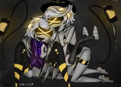 1boy 2girls anal_penetration anal_sex black_background intercourse male/female mouth_open murder_drones n_(murder_drones) norivos penetration penis_in_pussy purple_eyes sex tail threesome uzi_(murder_drones) v_(murder_drones) yellow_eyes