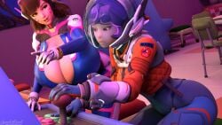 2girls 3d arcade arcade_machine asian asian_female big big_breasts blizzard_entertainment breasts brown_hair brown_hair_female brunette brunette_hair d.va hana_song helping juno_(overwatch) korean korean_female multiple_females multiple_girls overwatch overwatch_2 scrag_d.va unski113d video_game_character video_games