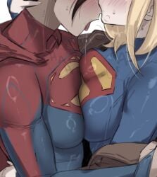 2girls after_kiss alternate_breast_size_(larger) asymmetrical_docking big_breasts black_hair blonde_hair blue_bodysuit blue_leotard blush bodysuit breast_press breasts breath brown_coat cape coat coat_partially_removed commentary dc dc_comics dc_extended_universe dc_universe_(franchise) dcu drooling dual_persona english_commentary female female_kryptonian female_only gy_beth gybeth hand_on_another's_head hand_on_another's_waist head_out_of_frame heavy_breathing kara_danvers kara_zor-el kryptonian large_breasts leotard medium_hair multicolored_bodysuit multiple_girls open_mouth red_bodysuit red_cape saliva selfcest short_hair signature supergirl supergirl_(dcu) supergirl_(sasha_calle) superhero_costume superman_(2025) superman_(series) sweat the_flash_(2023) the_flash_(movie) the_flash_(series) tongue tongue_out upper_body white_background yuri