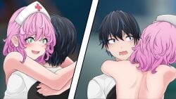 1boy 1girls bare_back bare_shoulders blush cynthia_(mystic_ville) duo female fruitychoco_studios game_cg implied_sex male mystic_ville tagme