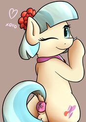 2016 anus ass blue_eyes brown_background buttplug coco_pommel cutie_mark earth_pony equine female feral friendship_is_magic fur horse looking_at_viewer looking_back mammal multicolored_hair my_little_pony neighday one_eye_closed pony pussy scarf sex_toy simple_background smile solo tan_fur two_tone_hair