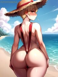 1boy ai_generated ass ass_focus beach big_ass big_butt blonde_hair cutesyangelx femboy feminine_male golden_eyes males_only narrow_waist object_in_mouth otoko_no_ko pale_skin presenting presenting_ass red_bikini sand seductive sling_bikini straw_hat trap water