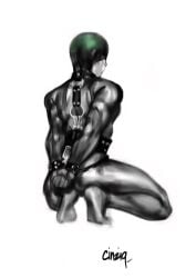 1human 1male 1man bandana black_and_white cinziq cinziq_(artist) digital_art heels human_artist leather leather_harness leather_restraints male male_only muscular no_ai one_piece pleaser_heels roronoa_zoro solo solo_focus solo_male