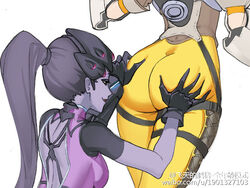 2girls ass ass_grab big_ass big_butt bimbo bodysuit breasts bubble_ass bubble_butt butt butt_crack clothed dat_ass duo eyelashes female female_only flying_pig gloves harness headgear human jacket long_hair multiple_females overwatch purple_hair purple_skin sideboob skin_tight small_breasts smile spandex standing thick_ass tracer very_long_hair white_background widowmaker yuri