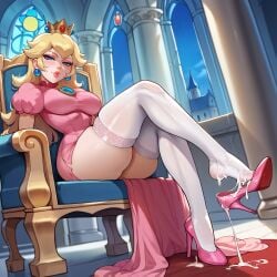 ai_generated blonde_hair blue_eyes brinkai crown cum cum_in_shoe cum_on_feet cum_on_shoes high_heels lips lipstick looking_at_viewer looking_down makeup mario_(series) pink_lipstick princess princess_peach shoe_dangle sitting smirk stockings thick_thighs thighhighs throne