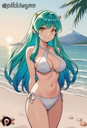 ai_generated aqua_hair arms_behind_back beach bikini breasts cleavage closed_mouth cowboy_shot criss-cross_halter female green_hair halterneck horns large_breasts long_hair looking_at_viewer lum medium_breasts navel ocean oni_horns orange_eyes outdoors pikkiwynn pointy_ears shell side-tie_bikini_bottom smile solo swimsuit tree urusei_yatsura white_bikini yellow_eyes