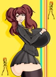 1girls ass big_ass big_breasts breasts breasts_bigger_than_head brown_hair busty dumptruck_ass female female_only huge_ass huge_breasts karfound kujikawa_rise large_ass large_breasts megami_tensei persona persona_4 sagging_ass school_uniform side_view thighhighs twintails yellow_eyes