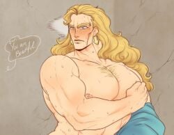 bara bara_tiddies bara_tiddy bara_tits bara_titties blonde_hair blue_eyes diamond_is_unbreakable earrings english_text hairy_chest jjba jojo's_bizarre_adventure keicho_nijimura long_hair male male_only max_the_egg_(artist) solo solo_focus solo_male sweatdrop