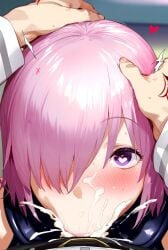 1boy 1girls ai_generated cum cum_in_mouth deepthroat fate/grand_order fate_(series) fellatio fujimaru_ritsuka_(male) hand_on_another&#039;s_head hand_on_head heart heart-shaped_pupils irrumatio mash_kyrielight oral pink_hair pov purple_eyes