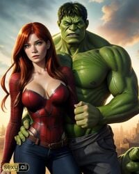 1boy1girl ai_generated ass big_ass big_breasts big_butt breasts hulk hulk_(series) human light-skinned_female light-skinned_male light_skin marvel marvel_comics mary_jane_watson muscular muscular_male nude nude_female red_hair straight straight_hair superhero tight_clothes tight_clothing wide_hips