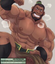 1boy abs avatar_legends avatar_the_last_airbender bara biceps blush brown_hair chinese_clothes clothes_lift dark-skinned_male dark_skin earth_kingdom erection facial_hair flexing goatee grin highres huge_pectorals juggermelon looking_at_viewer male male_focus male_only mature_male moustache muscular muscular_male navel nipples paid_reward_available pelvic_curtain pelvic_curtain_lift pencil_mustache seductive_smile smile solo steaming_body strongman_waist sweat the_boulder the_boulder_(avatar) thick_eyebrows thick_thighs thighs topless_male